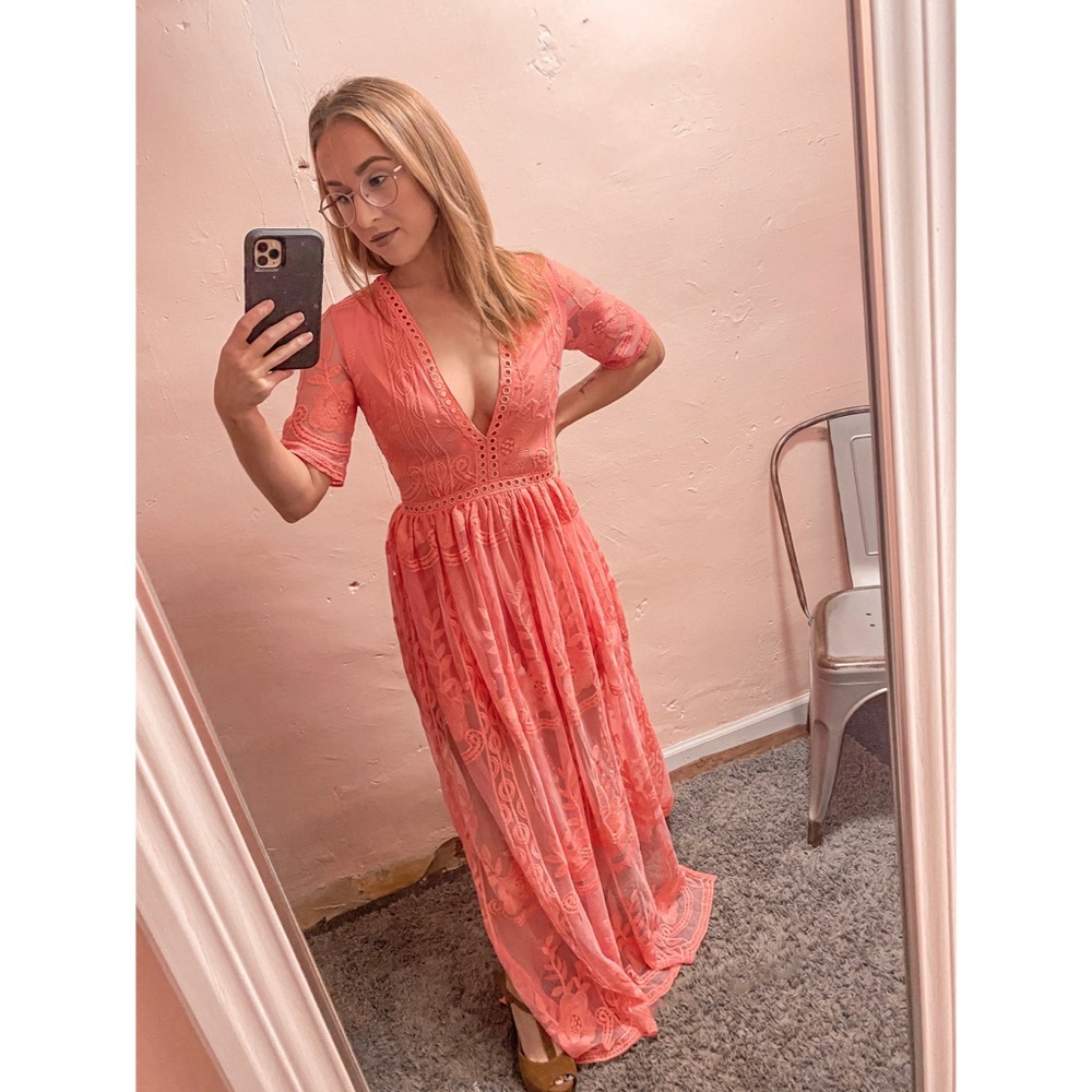Coral Lace Romper Maxi Dress
